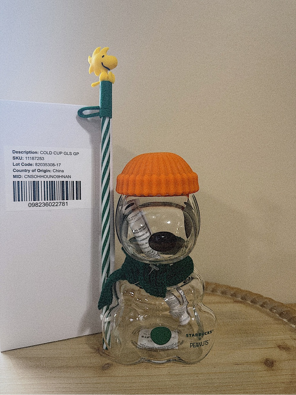 Starbucks Clear Bear Bottle with Orange Beanie and Green Scarf